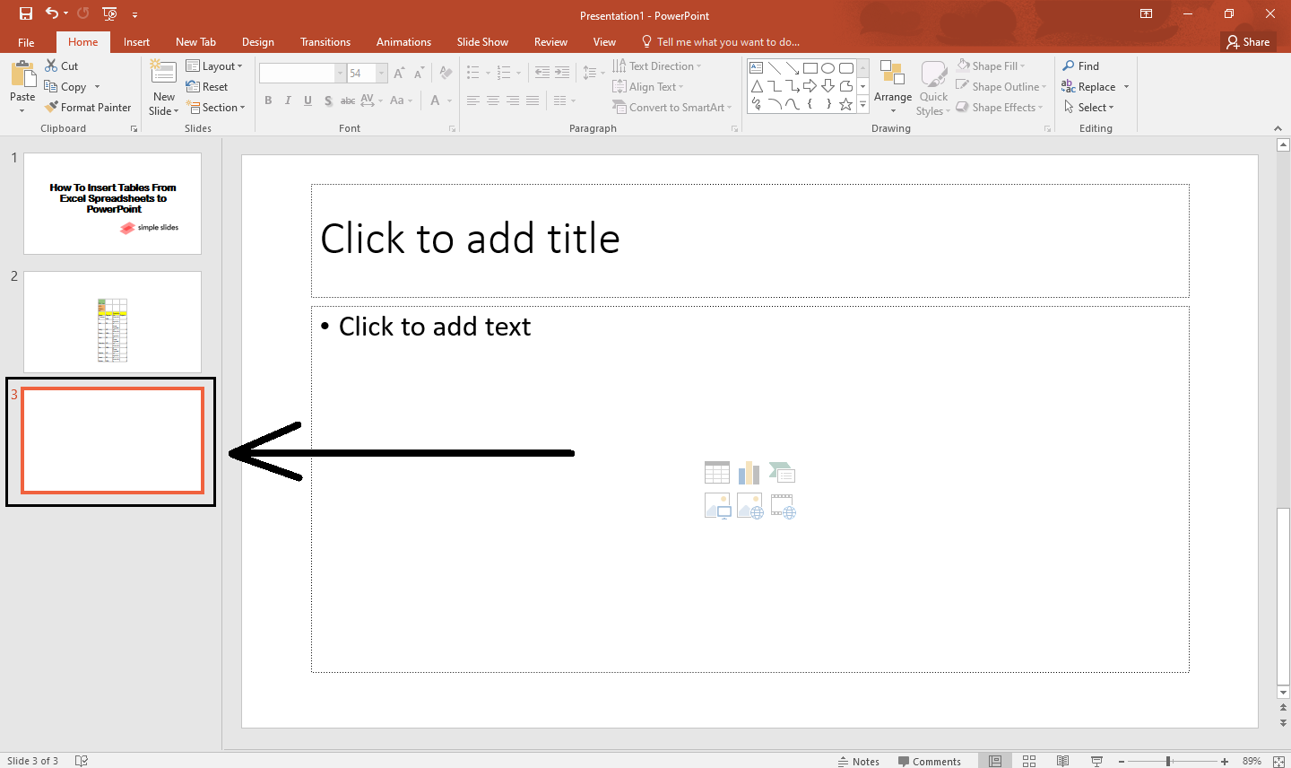 Go to your presentation, and click an existing slide where you wish to inset the Excel worksheet.