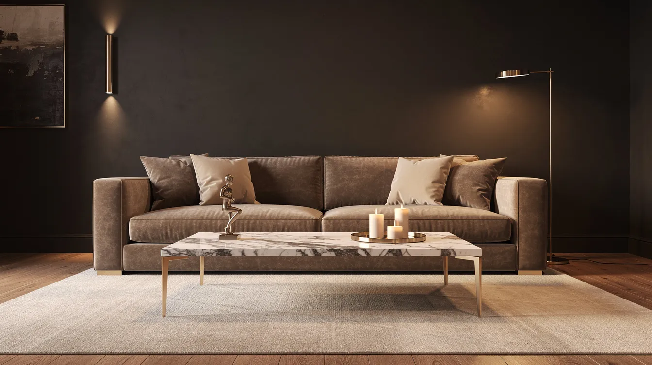 Een stijlvolle woonkamer in hotel chique stijl, met een fluwelen bank in warme taupe tint, een marmeren salontafel en gouden accenten tegen een donkere muur. De ruimte straalt luxe en elegantie uit, met comfortabele meubels en verfijnde texturen die een intieme sfeer creëren.