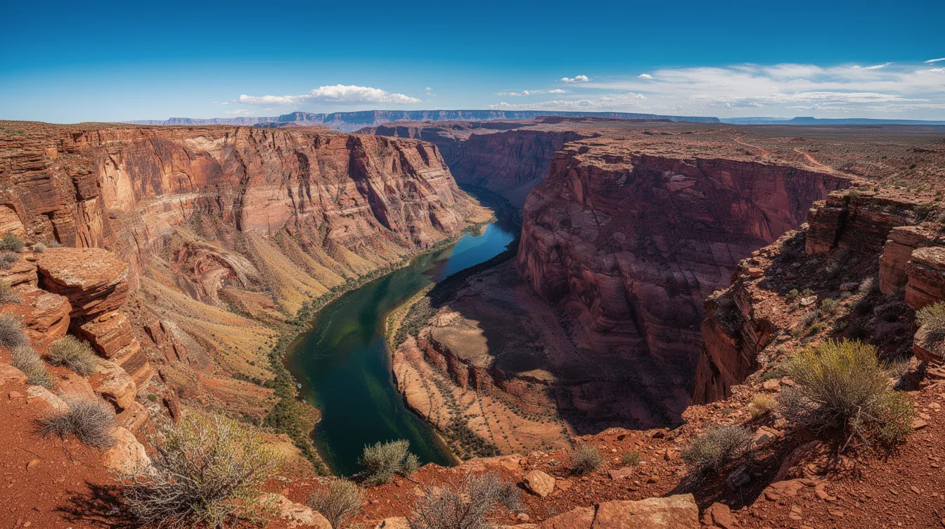 A panoramic view of Zion National Park showcases a deep red rock canyon with towering sandstone cliffs flanking a winding Virgin River on the canyon floor, all beneath a clear blue sky. This breathtaking landscape highlights the natural beauty of Zion Canyon, inviting visitors to explore its hiking trails and stunning vistas.