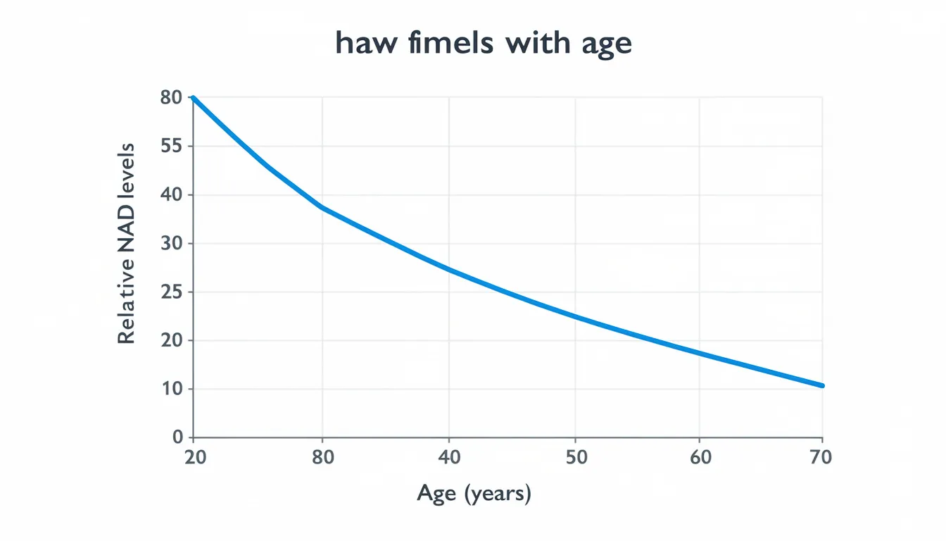 The image depicts a simple line graph illustrating the gradual decline of NAD levels from age 20 to age 70, highlighting the importance of maintaining cognitive function and overall health as we age. This visual representation serves as a reminder of how lifestyle choices and supplements like NMN can impact longevity and energy levels throughout our lives.
