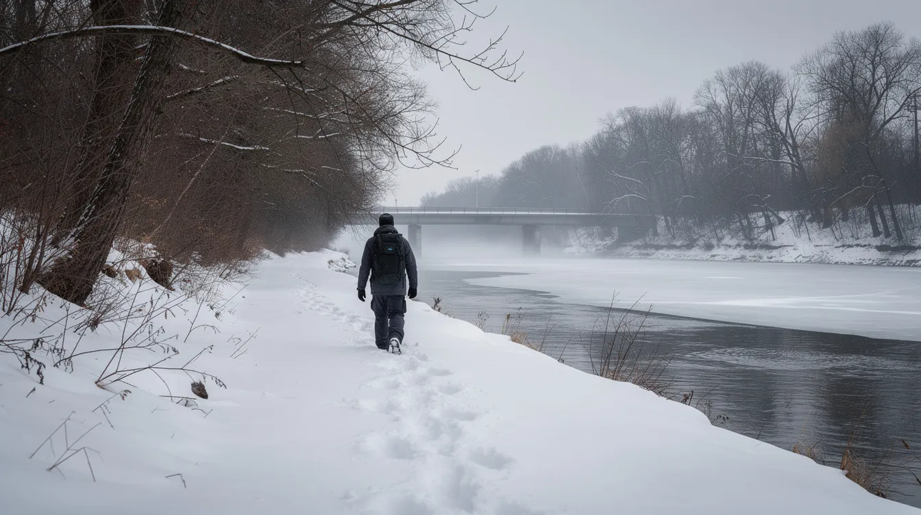 A person dressed in winter gear walks along a snowy trail by the South Saskatchewan River, with bare trees lining the path and a bridge visible in the background. This scene captures the essence of outdoor living in Saskatoon during winter, showcasing the beauty of the local environment.