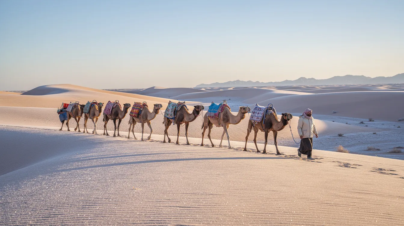 A camel caravan traverses the golden dunes of the Sahara Desert under a clear winter sky, showcasing the stunning landscape of Morocco in January. The scene captures the tranquility of the desert areas as the winter sun casts a warm glow over the sand, making it an excellent time for visitors to explore this beautiful country.