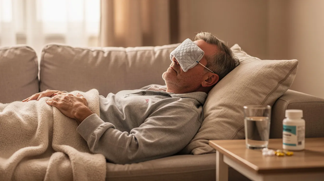 A man is resting comfortably at home with a cold compress placed over his closed eyes, recovering from male blepharoplasty surgery. This procedure, often sought by male patients to address tired or aged appearances, aims to rejuvenate the eyelids and reduce puffiness or excess skin.
