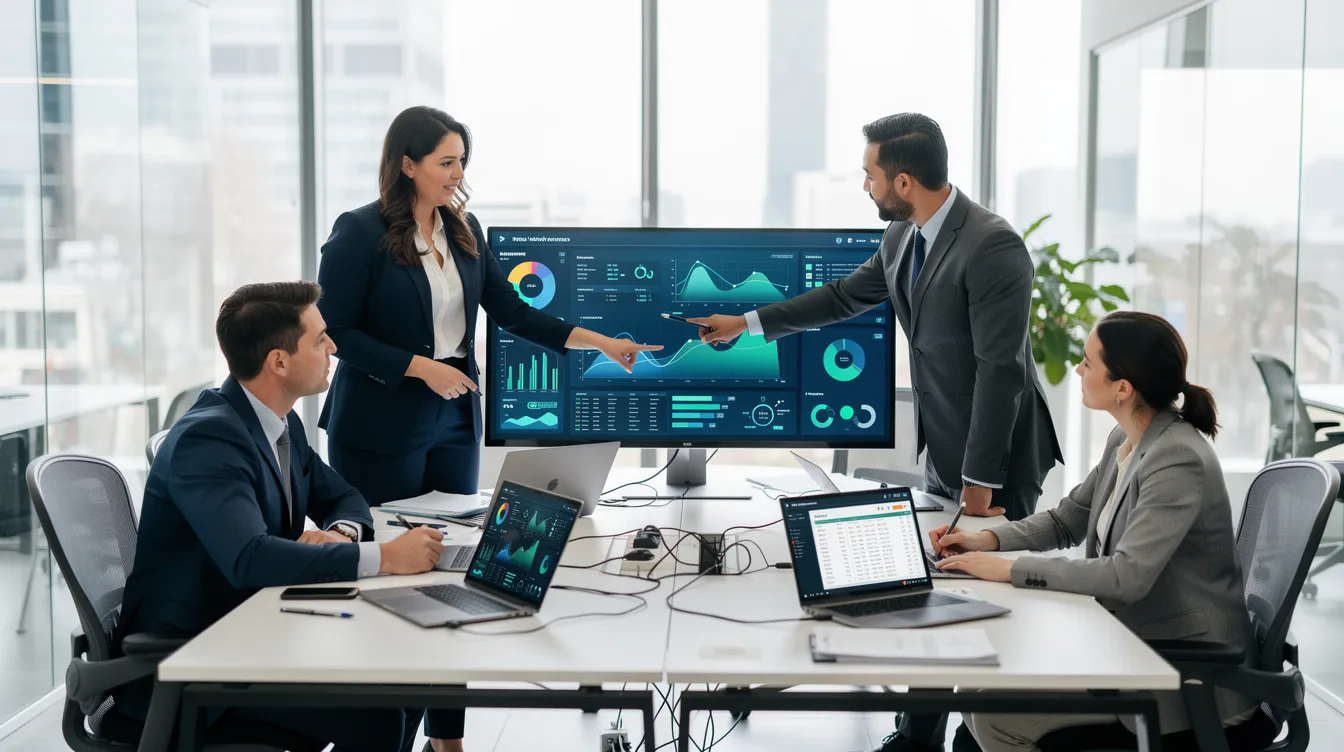 A professional team is gathered in a modern office, intently reviewing data displayed on multiple screens, highlighting the evolution of presentations with advanced presentation technology. They are likely discussing strategies for their upcoming sales pitch, utilizing tools like Microsoft PowerPoint and Google Slides to enhance their slide presentations.