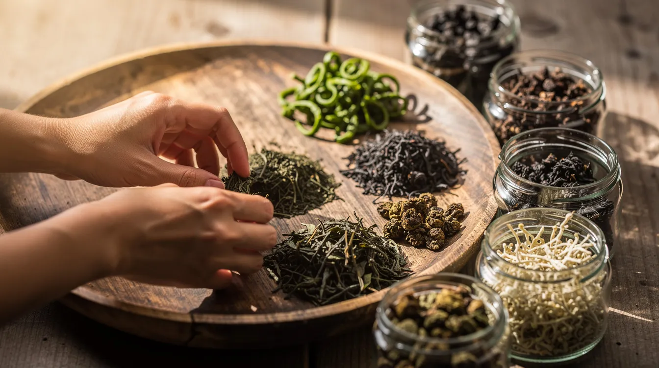 0a955cf8 e996 4131 bef0 0813dec4ec2a A close-up view of tea leaves being meticulously hand-sorted on a wooden tray, surrounded by small jars filled with various tea varieties, showcasing the craftsmanship involved in the tea business. This image highlights the attention to detail essential for a successful tea brand, appealing to tea lovers and entrepreneurs in the tea shop business.
