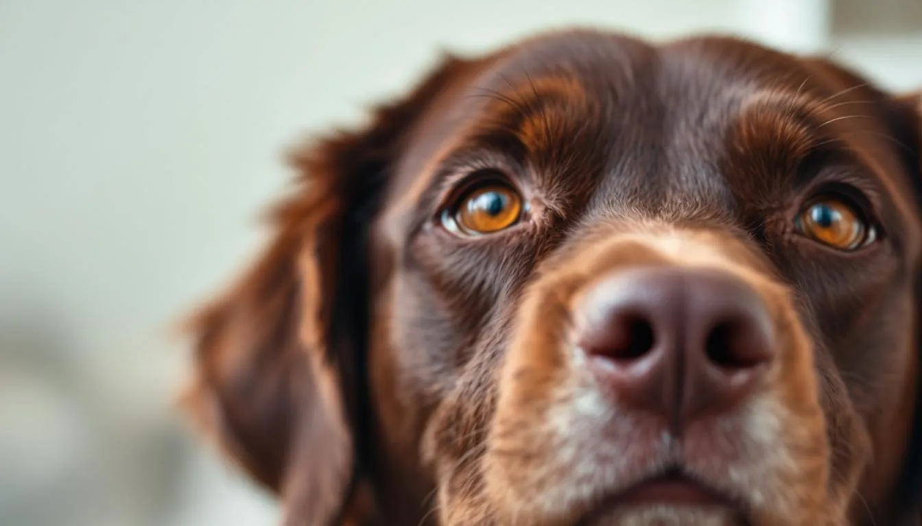 A close-up of a chocolate brown dog