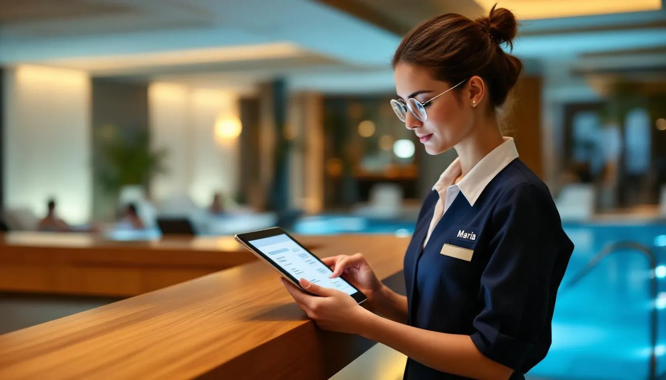 A hotel staff member is at the spa reception, using a tablet to check guest services and billing details, which is essential for effective revenue management and maximizing profit in the hospitality industry. This process helps identify potential revenue leaks and supports data-driven decisions to optimize the hotel's financial health.