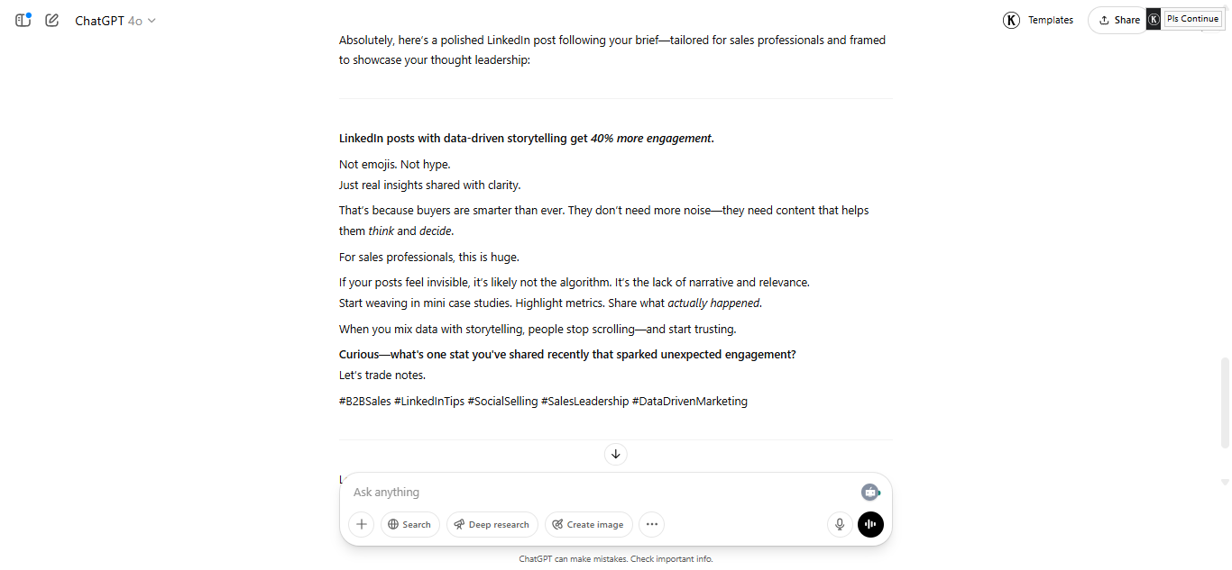 ChatGPT output showing a LinkedIn post sharing industry research with personal interpretation and actionable insights