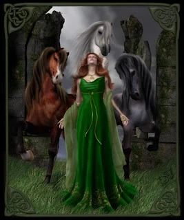 Epona is in a long green dress with her arms stretched out and her head tilted back. She is surrounded by ancient ruins and three horses of different colors.