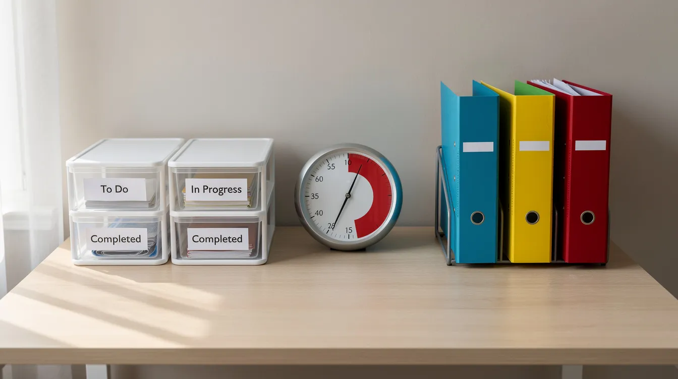 The image depicts an organized desk featuring labeled bins, a visual timer, and color-coded folders, which can help nurture a child's executive functioning skills by promoting organization and time management. This setup supports younger kids in developing essential skills like problem-solving and self-regulation, making it easier for them to manage multiple tasks effectively.