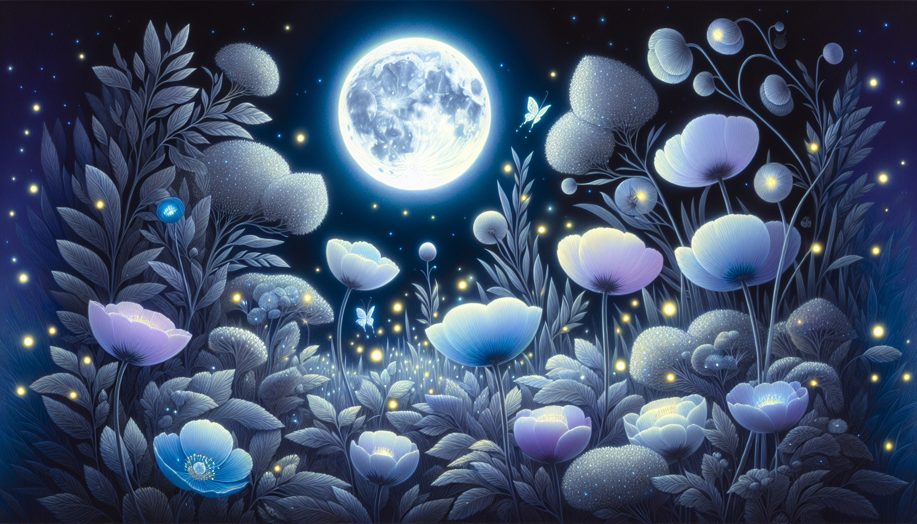 An illustration of a dreamy moon garden with a mystical atmosphere.