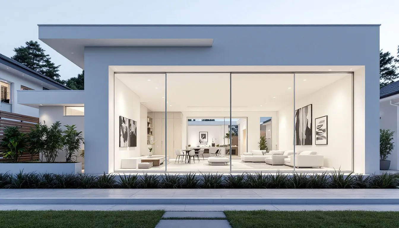 Een moderne woning met witte kunststof kozijnen en grote ramen, die zorgen voor een strakke uitstraling en uitstekende isolatie. De ruime ramen bieden veel natuurlijk licht en creëren een open sfeer in het interieur.