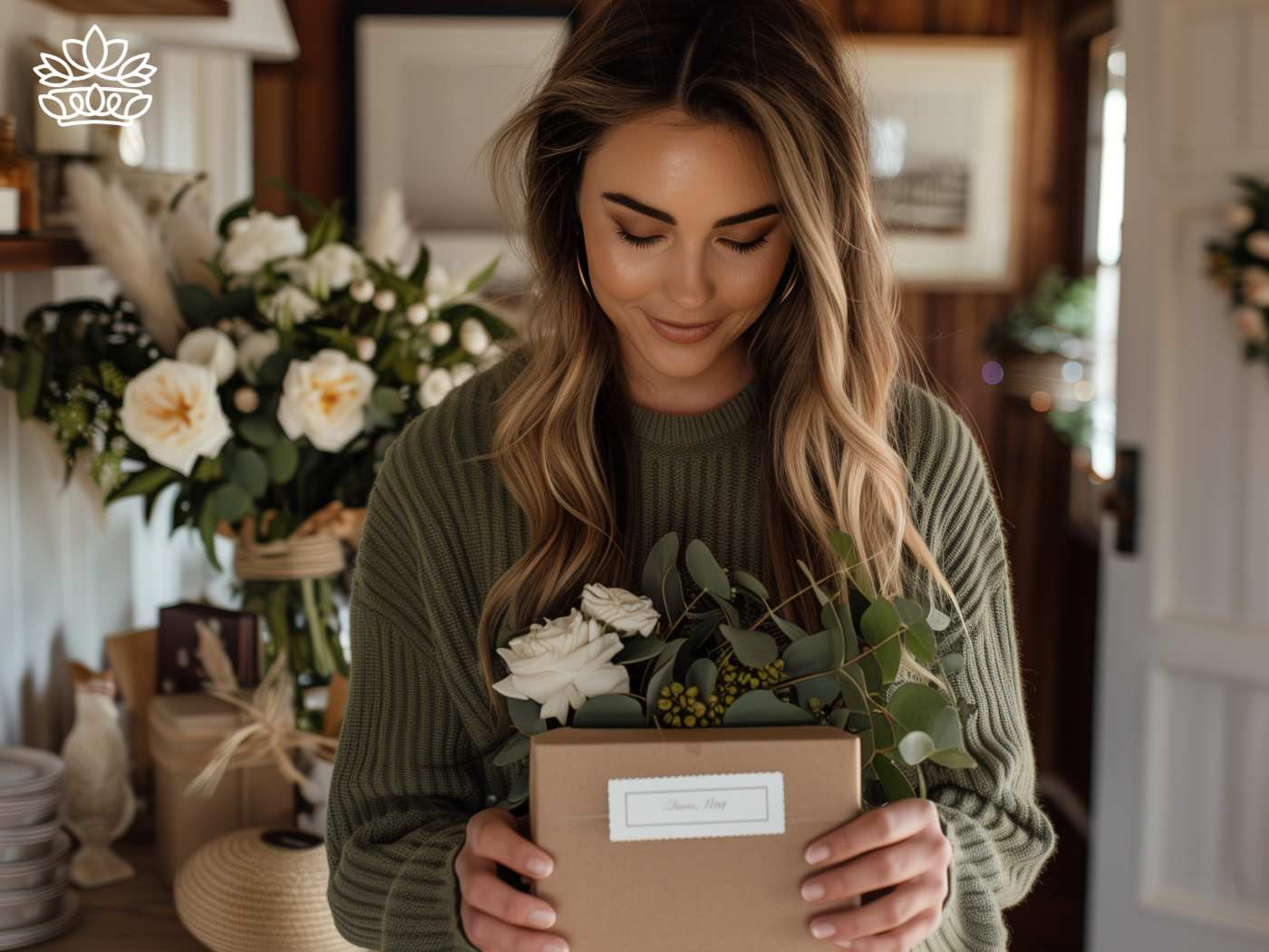 Smiling woman holding a gift basket with elegant white roses and lush greenery, representing the amazing and wonderful service with timely and excellent delivery from the Cape Town Gift Delivery Collection by Fabulous Flowers and Gifts, South Africa.