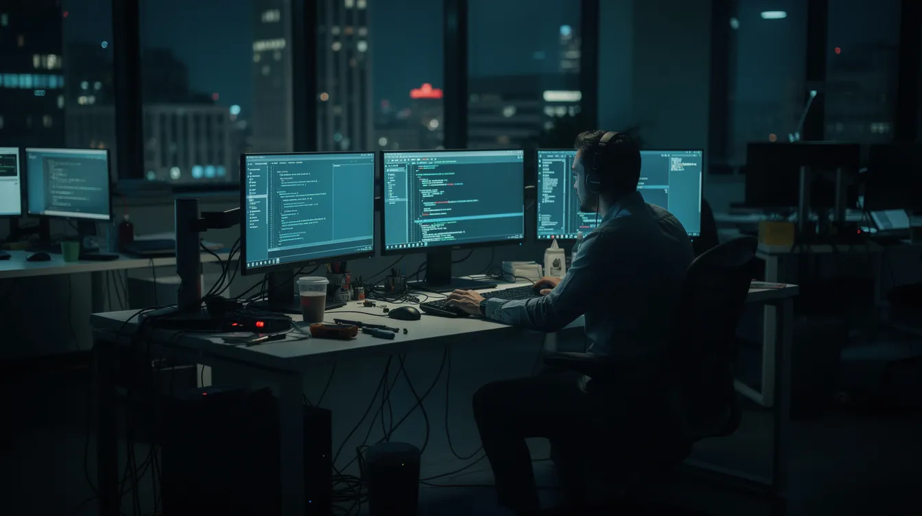 A technician is working late at night at a desk surrounded by multiple glowing monitors in a dimly lit office, focusing on maintaining detailed records and managing sensitive client data. The atmosphere suggests a commitment to effective documentation practices essential for operational efficiency in managed service providers (MSPs).