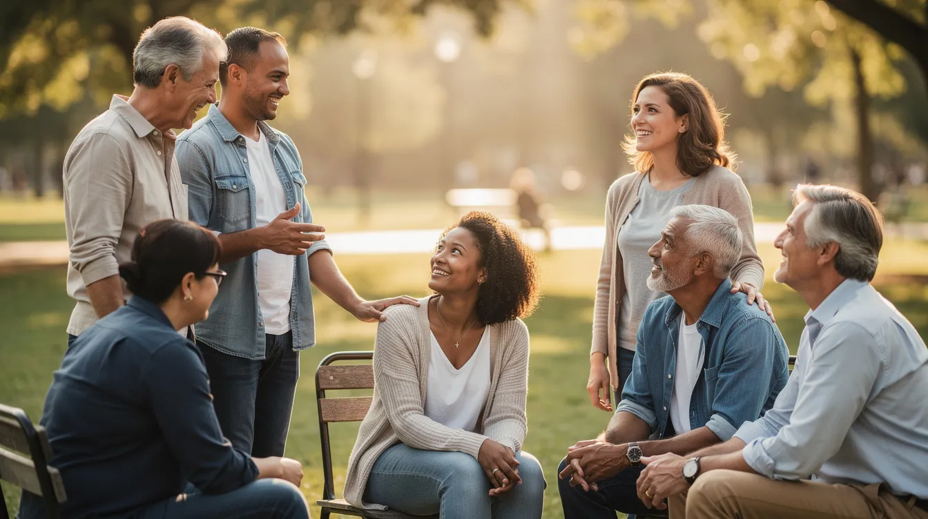 The image depicts a diverse group of young adults engaged in a supportive conversation outdoors, highlighting the importance of mental health discussions. This scene reflects the growing awareness of mental health disorders such as anxiety and depression, and the potential role of medical cannabis as an alternative treatment.