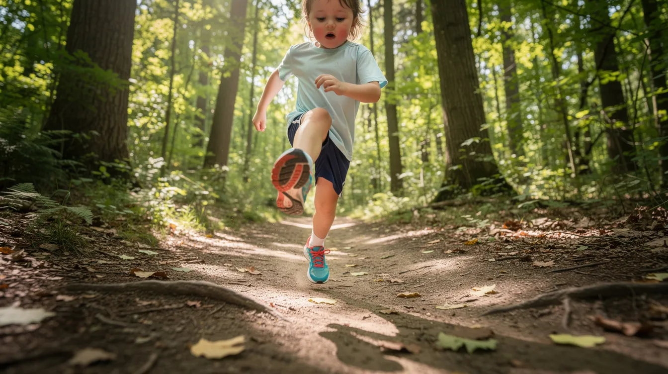 A young child is joyfully running along a forest trail, wearing a pair of lightweight kids running shoes designed for comfort and support. The shoes feature a cushioned midsole for excellent traction and gel cushioning, perfect for little runners exploring nature.