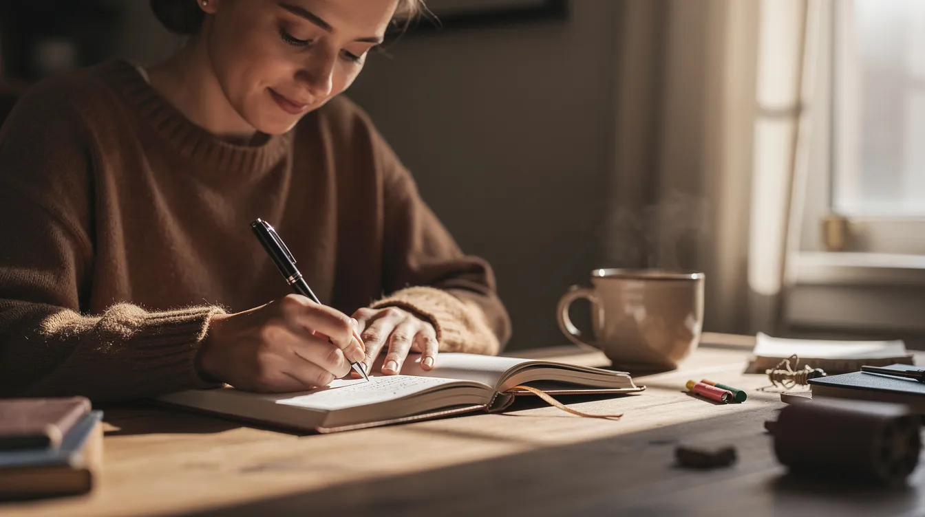 A person sits comfortably, writing in a journal with a peaceful expression, reflecting on their thoughts and future plans. This moment captures the essence of self-care and mental health, emphasizing the importance of genuine intentions and mutual respect in relationships.