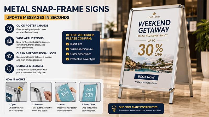 Metal snap-frame A-frame sign with quick poster-change steps and key size checks