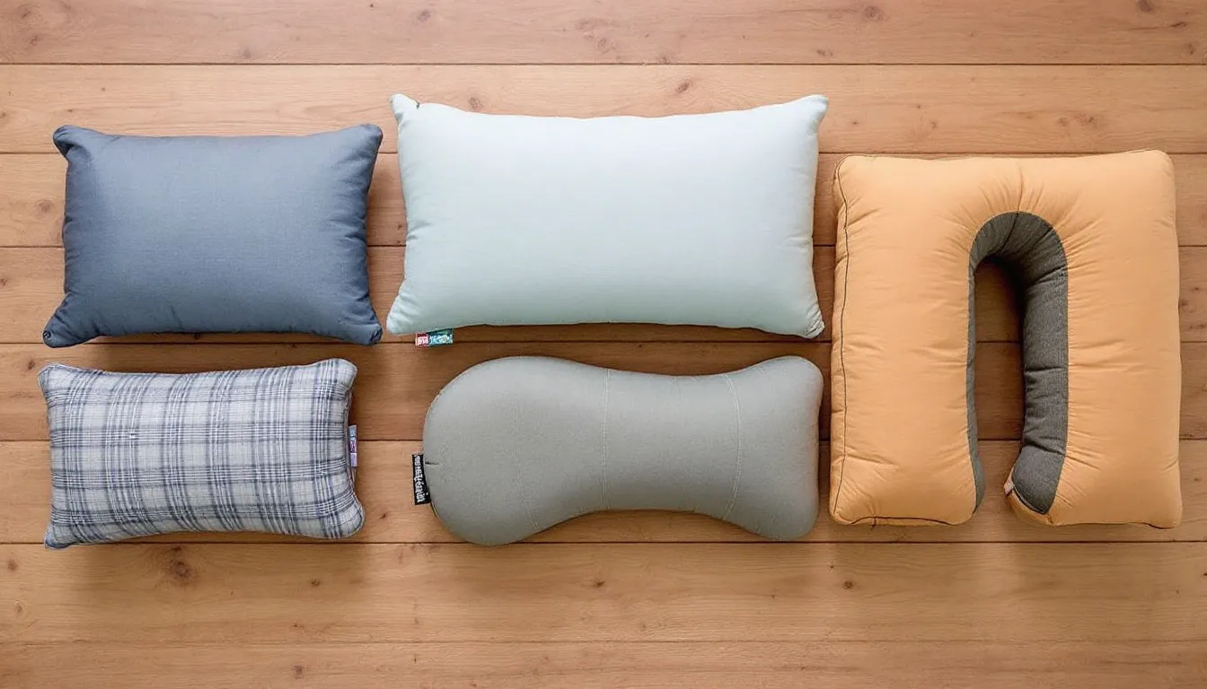 Various camping pillows, including inflatable and compressible types, are displayed on a wooden surface, highlighting their different sizes and designs. The assortment features supportive options like the Sea to Summit Aeros and Exped Mega Pillow, showcasing the diversity of camping and backpacking pillows available for a comfortable night's sleep.