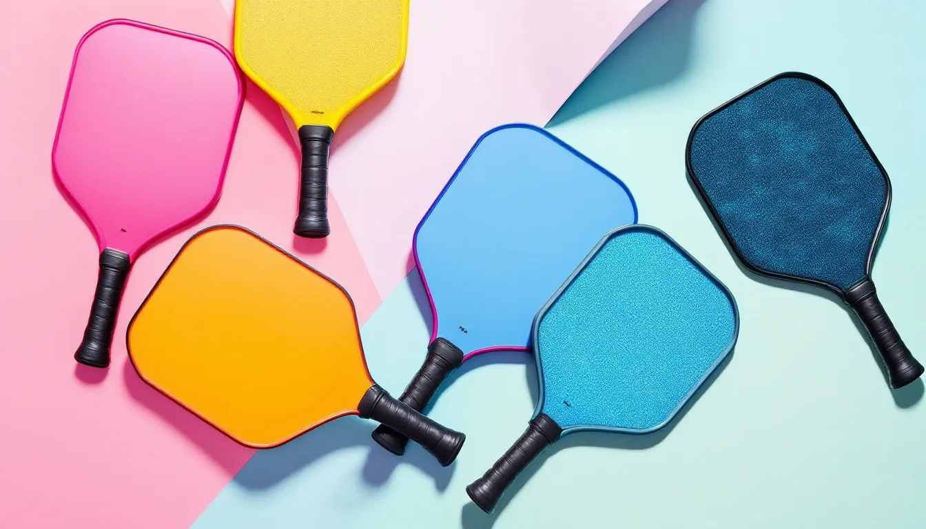 A selection of pickleball paddles for women, showcasing various designs and colors.