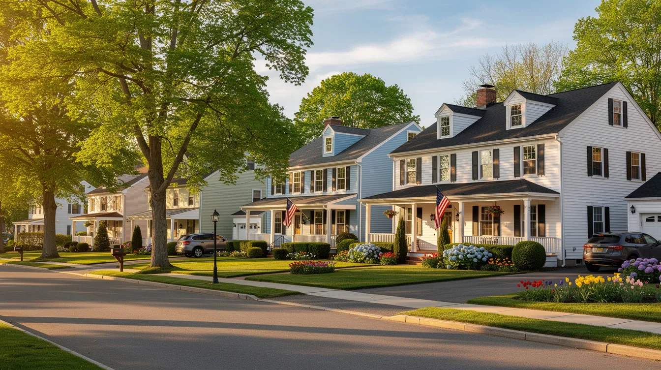 The image depicts a scenic neighborhood in Connecticut, featuring well-maintained homes with manicured lawns and vibrant landscaping. This inviting atmosphere highlights the attention to detail in the properties, making it an ideal place for families looking for a new home.