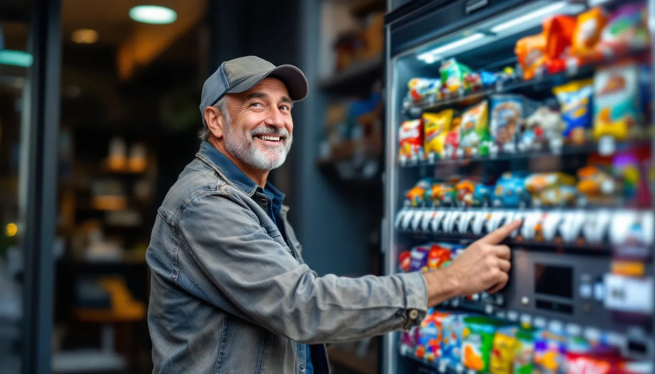 A small business owner is seen installing a vending machine to start their own vending machine business, aiming to generate passive income. The image captures the individual carefully positioning the machine in a strategic location, highlighting the growing vending machine industry.