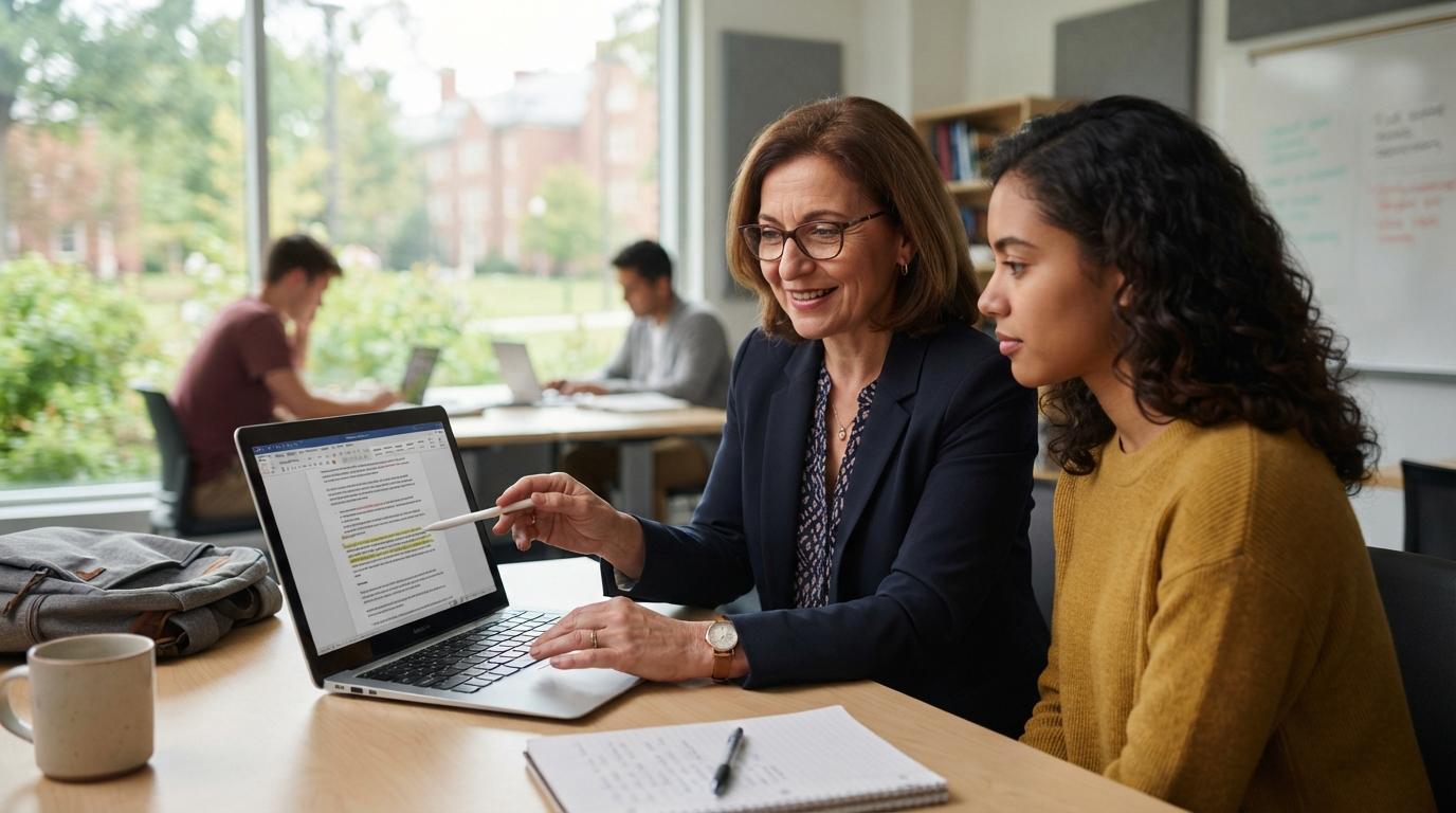 Photorealistic university professor reviewing a student's written assignment on a laptop while providing personalized academic feedback, modern campus classroom.