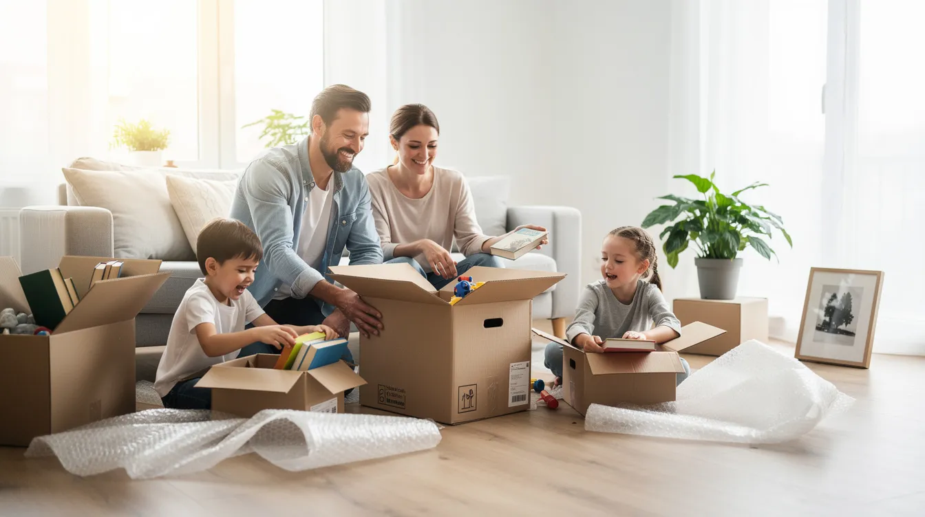 A family is joyfully unpacking boxes in their new home, expressing optimism about their future. The scene captures the warmth of family life, contrasting with the complexities of navigating the healthcare system, such as health insurance coverage and access to quality medical care in the context of Canada vs. the US healthcare landscape.