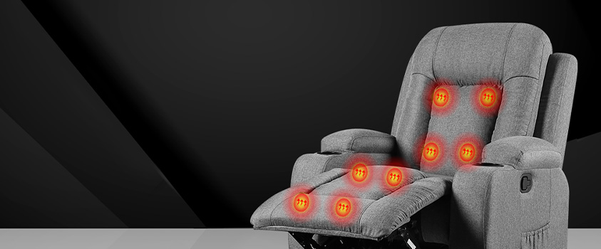 An infographic demonstrating the 8 heated massage points in an Artiss Grey Fabric Massage Recliner.