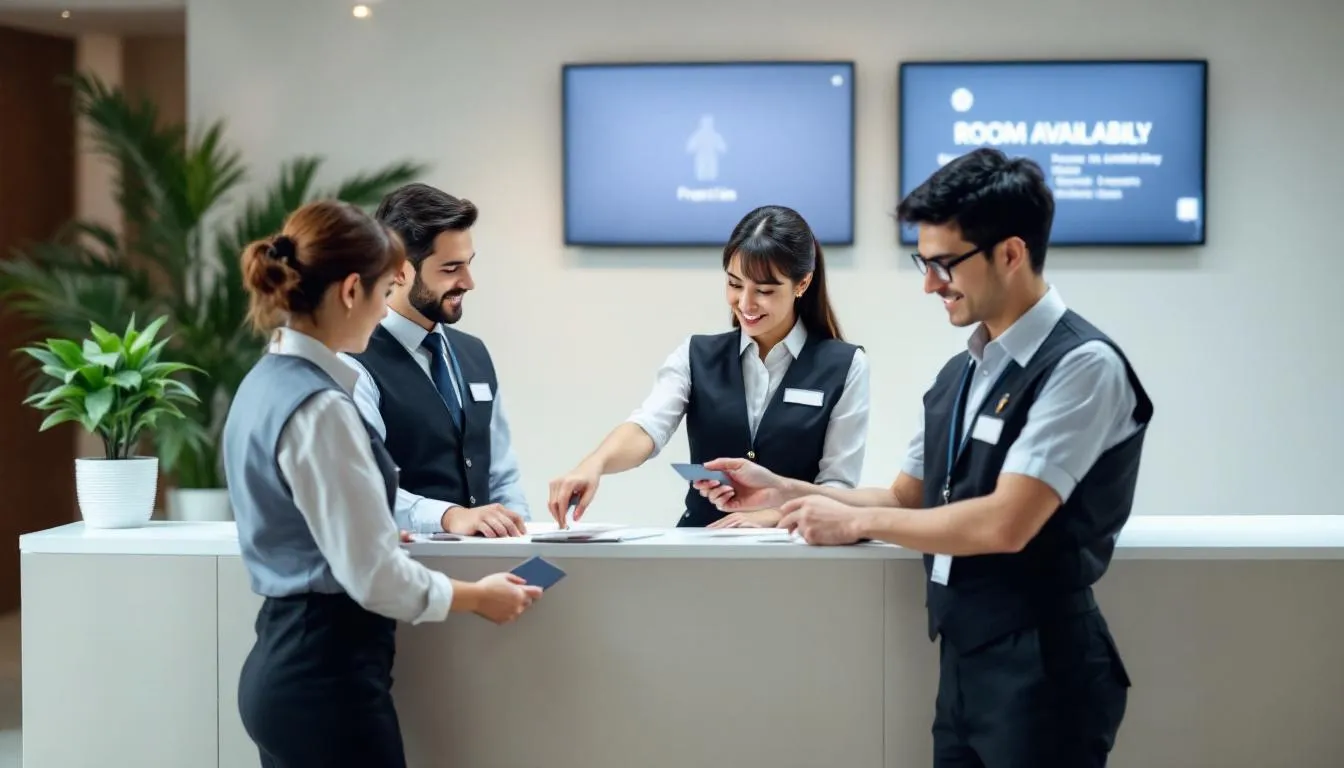 A professional hotel front desk team is seen diligently following standardized check-in procedures, ensuring operational consistency and exceptional guest experiences. The staff members are engaged in greeting guests and addressing inquiries, reflecting the hotel’s commitment to guest satisfaction and adherence to hotel standard operating procedures.