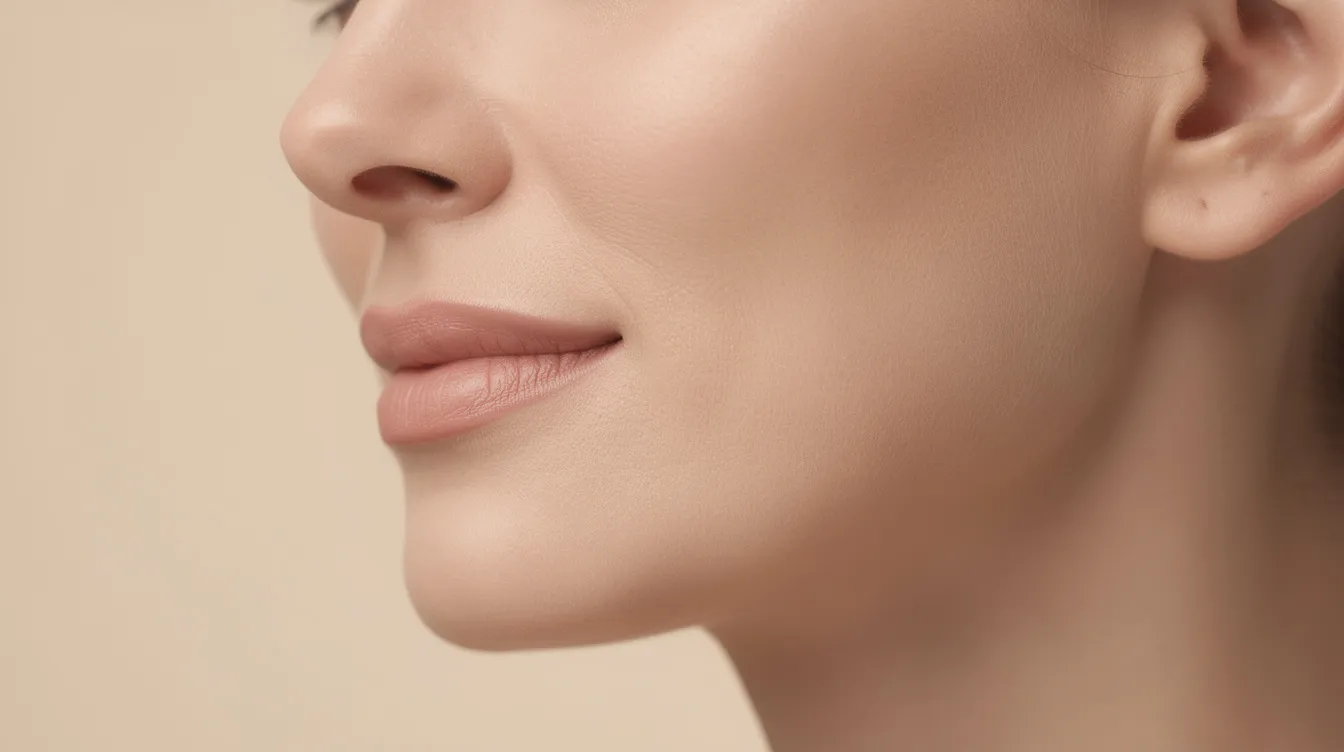 A side profile of a woman's face showcases her naturally proportioned lips, highlighting the smooth texture and definition of her upper lip against a neutral background. The image emphasizes her natural beauty and the balanced lip shape, inviting thoughts of lip enhancement options like premium hyaluronic acid fillers.