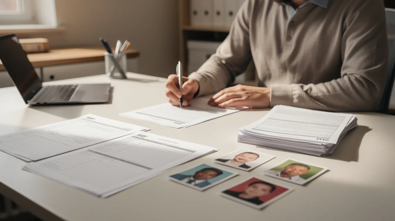 A person is seated at a desk, filling out paperwork that includes various documents and photos, possibly related to obtaining an international driving permit or a valid driver's license for driving abroad. The scene suggests preparation for a trip, highlighting the importance of having the necessary identification and permits to drive legally in foreign countries.