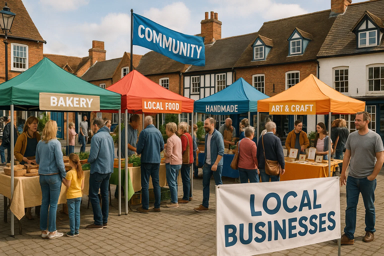 Local businesses taking part in a UK community event to build connections and brand awareness.