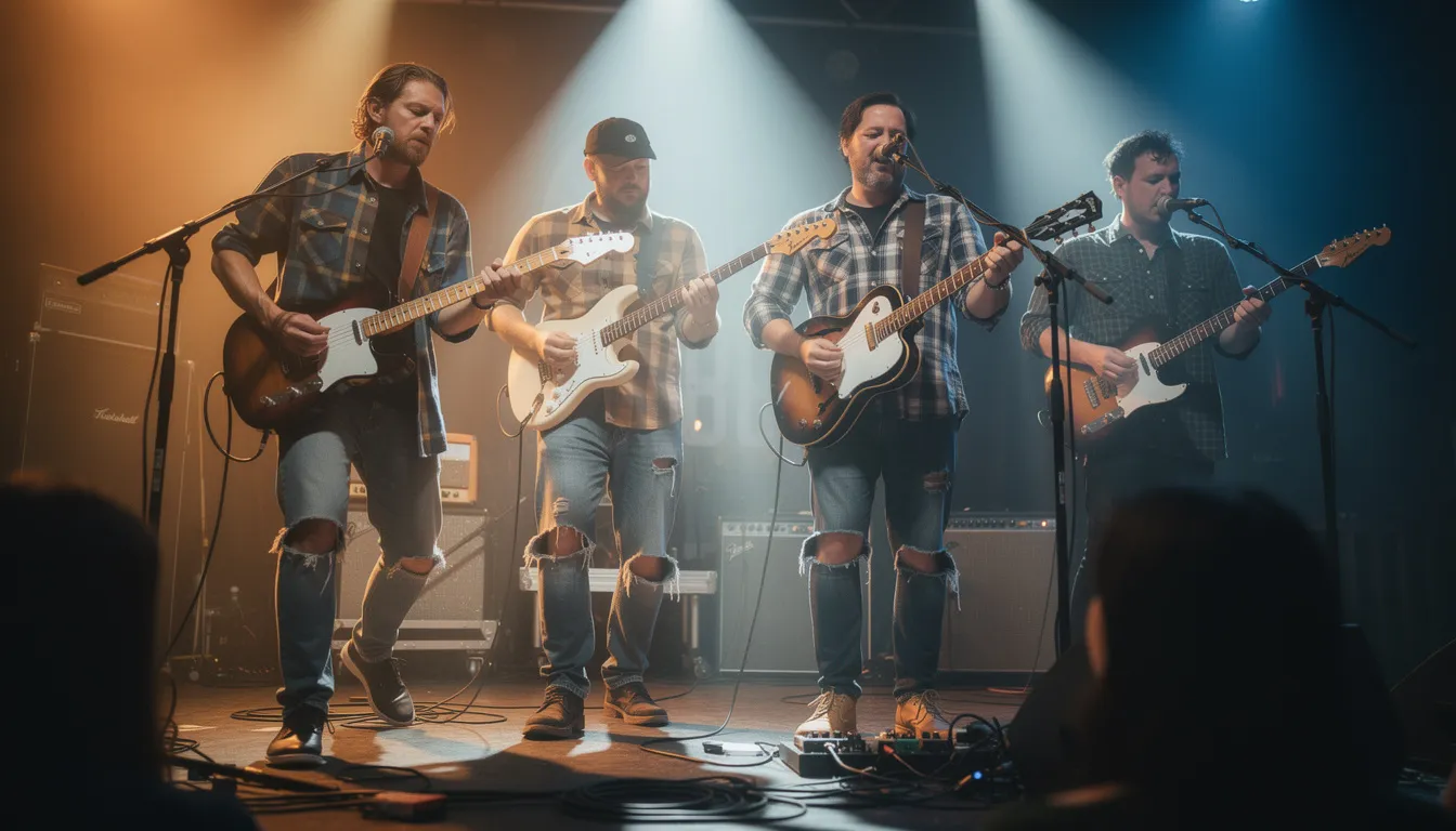 Four musicians are performing on a dimly lit stage, showcasing their grunge style with flannel shirts and ripped jeans, embodying the essence of the 90s grunge movement. The atmosphere is electric as they play their guitars, with messy hair and a raw, authentic vibe that pays homage to iconic grunge bands.