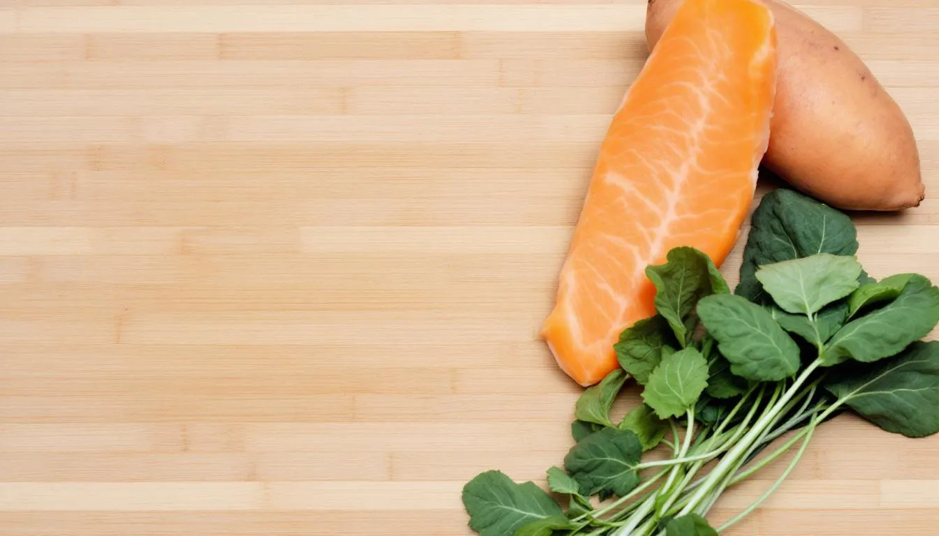 The image features a cutting board topped with fresh ingredients, including vibrant salmon fillets, orange sweet potatoes, and a mix of leafy greens, all ideal for creating a balanced diet for dogs. This colorful arrangement highlights the importance of human-grade dog food that supports healthy skin and overall well-being for pets like goldendoodles.