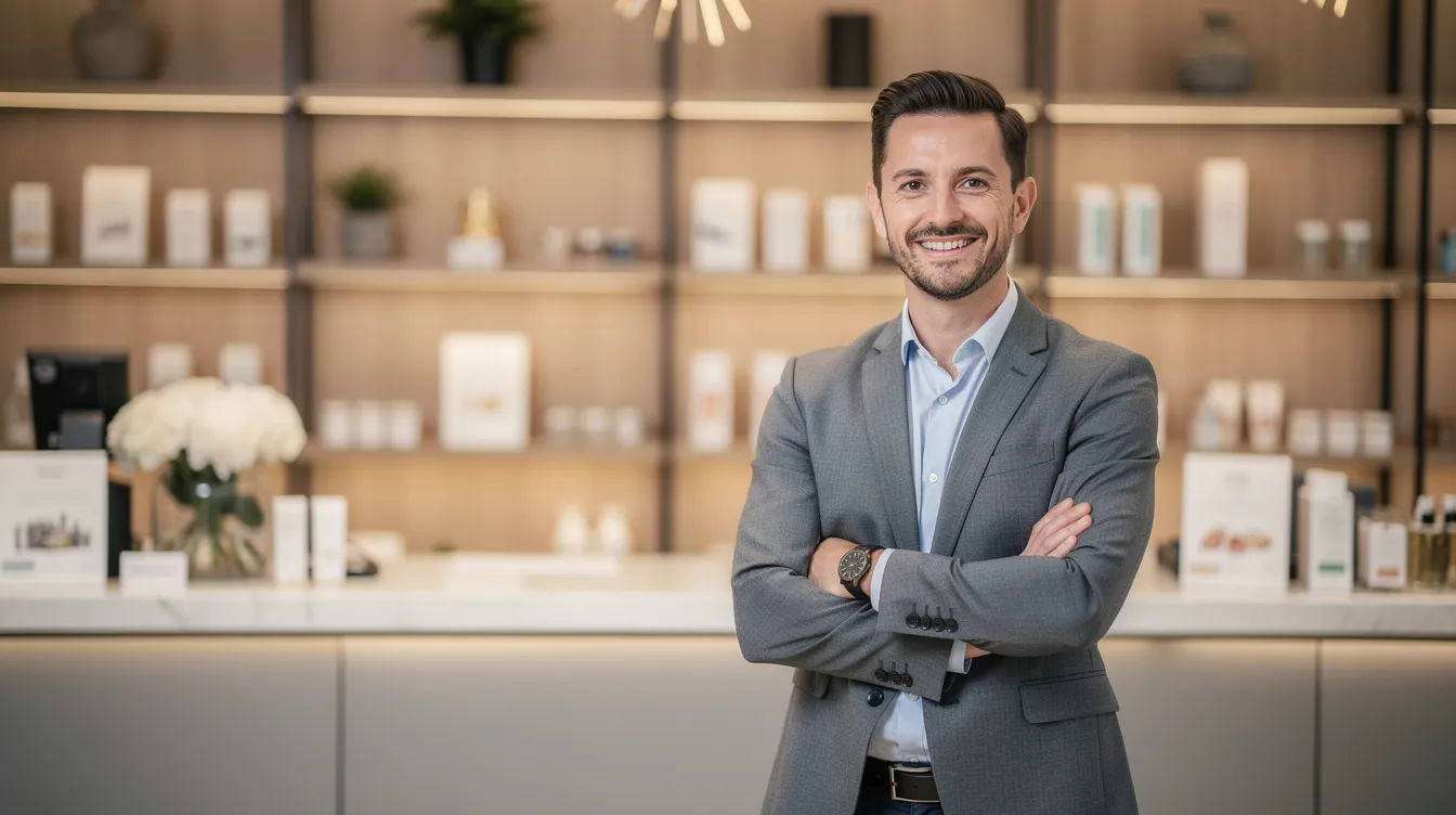 The image depicts a confident small business owner, smiling and standing proudly in their workspace looking trustworthy after receiving financial support to pay for business expenses. They appear professional and optimistic, symbolizing the successful completion of the application process for fast funding and the beginning of new opportunities to spend and grow..