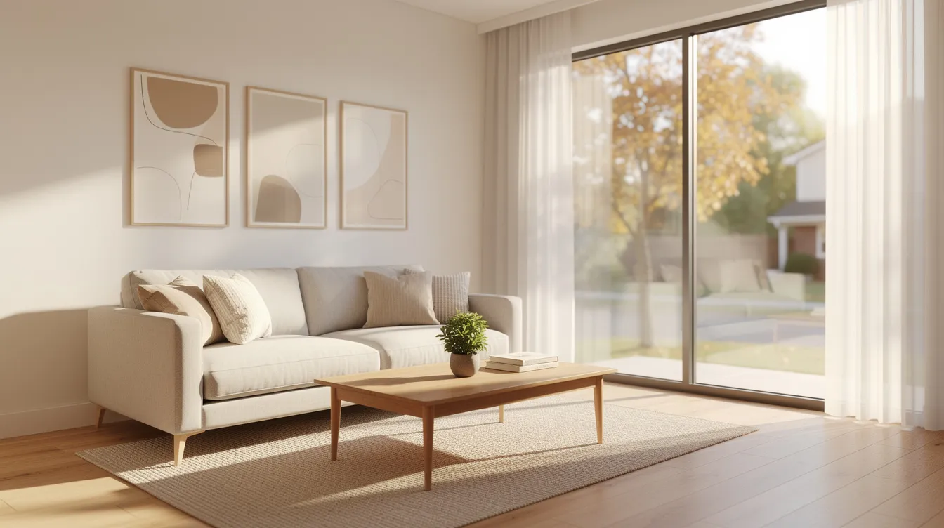 A bright residential living room features large windows that allow abundant natural sunlight to fill the space, creating a warm and inviting atmosphere. The light filtering through the glass enhances the room's comfort while providing a clear view of the outside, perfect for enjoying the sun's rays without glare.