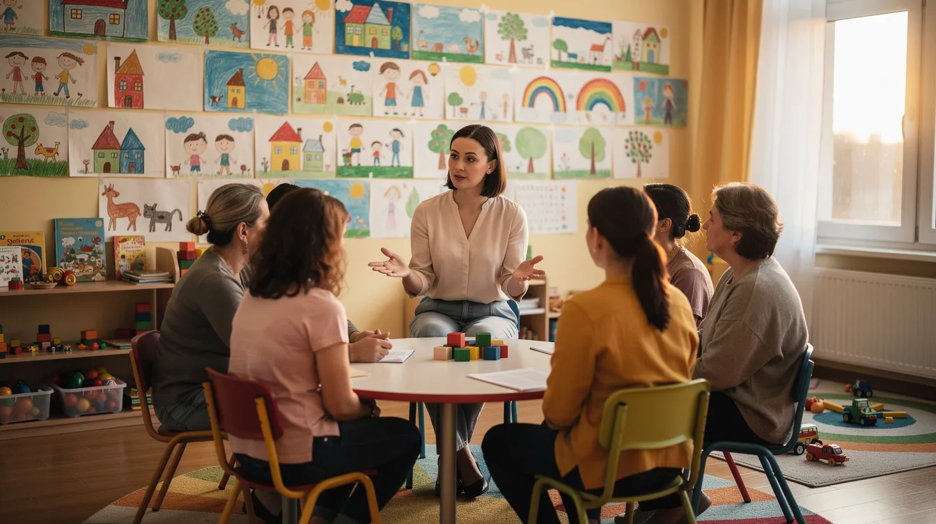 Na zdjęciu widoczni są rodzice i nauczycielka rozmawiający w sali przedszkolnej podczas zebrania, w tle kolorowe rysunki dzieci, kt&oacute;re ilustrują ich tw&oacute;rczą ekspresję. Spotkanie ma na celu podsumowanie pracy dydaktyczno wychowawczej oraz zaangażowanie rodzic&oacute;w w życie przedszkola.