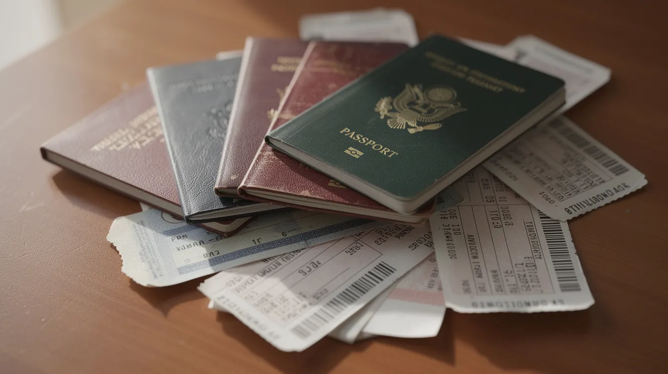 A close-up view of a stack of international passports and travel documents resting on a wooden desk, showcasing a variety of passports including a Chinese passport and a UK passport, which are essential for travel arrangements to enter China or visit Hong Kong.