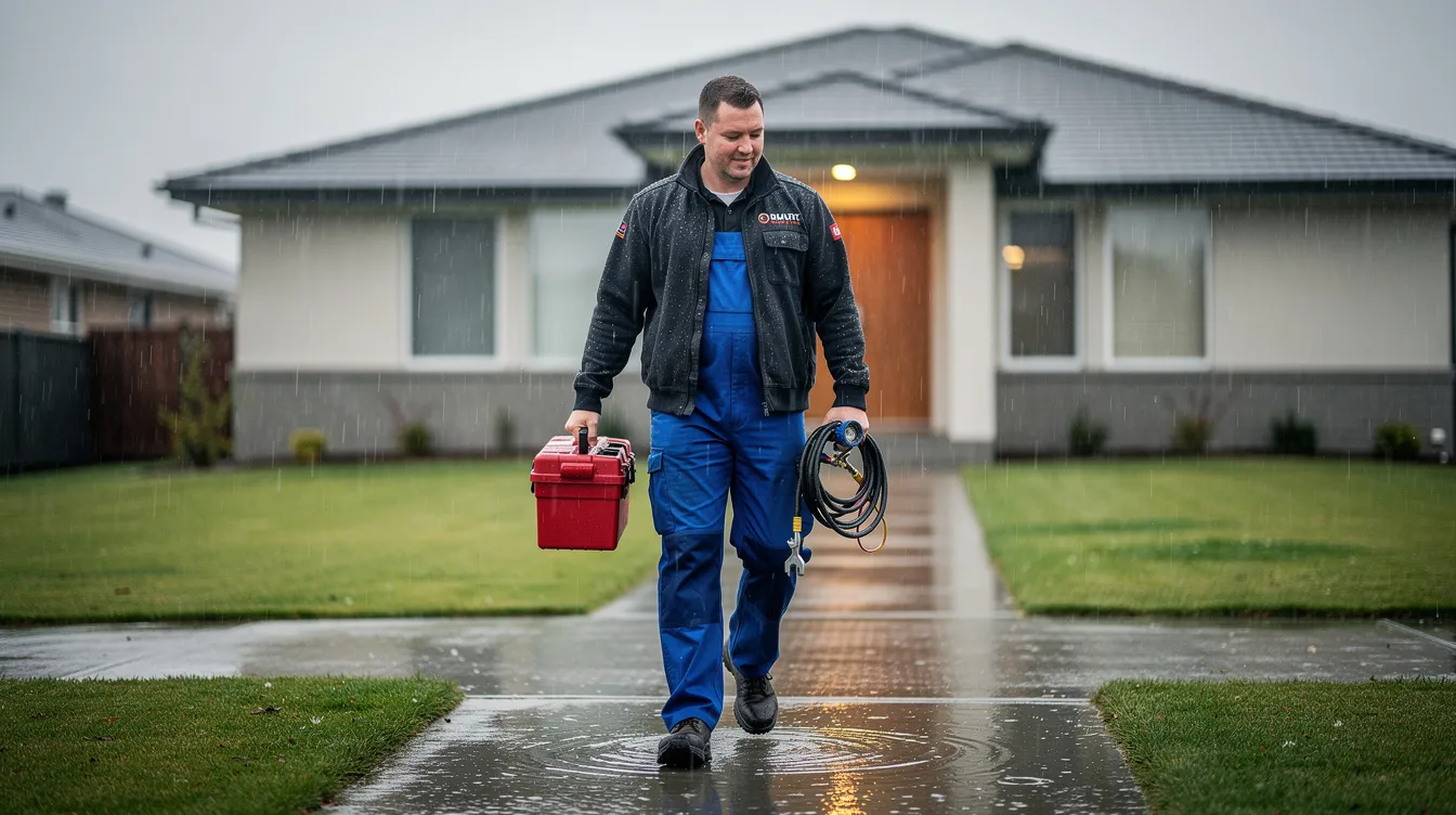 A plumber in work gear is walking toward a residential home on a rainy day, carrying tools for sump pump installation and maintenance. The scene captures the importance of professional sump pump services to prevent basement flooding and protect homes from water damage during heavy rain.