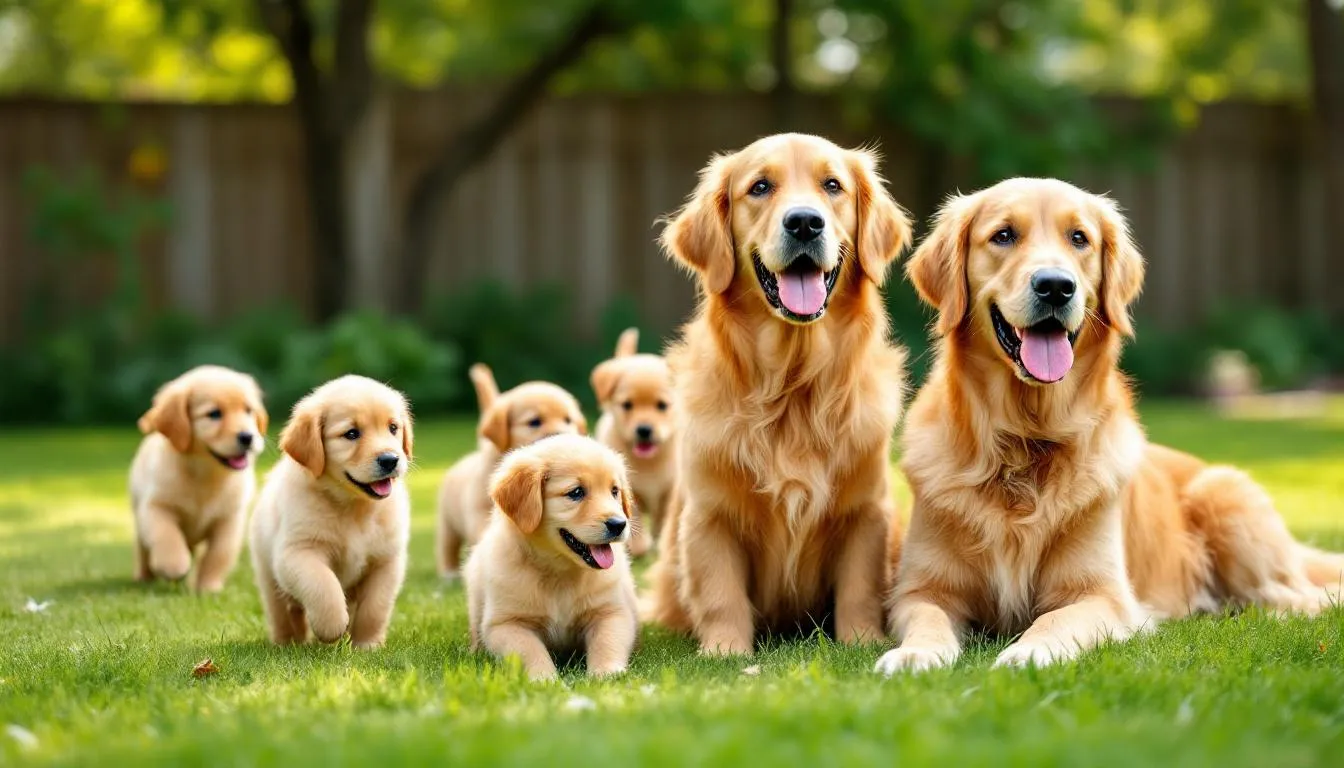 The image depicts a joyful family of golden retrievers, including both adults and playful puppies, gathered in an outdoor setting surrounded by lush greenery. Their characteristic golden coats shine in the sunlight, showcasing the friendly and even-tempered nature of this popular dog breed.