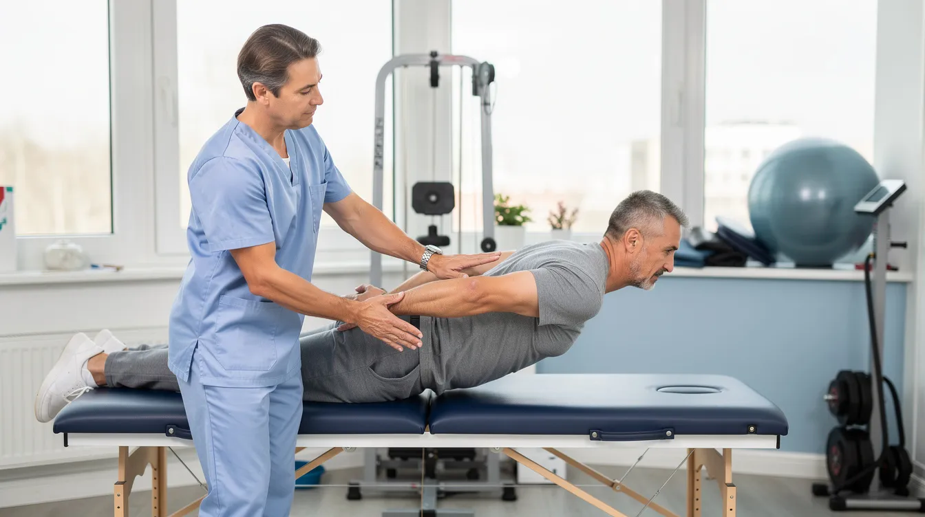 A physical therapist is assisting a patient with a back exercise in a clinical setting, focusing on rehabilitation. This image highlights the importance of physical therapy in helping disabled individuals regain strength and mobility, which can be crucial for those seeking social security disability benefits.