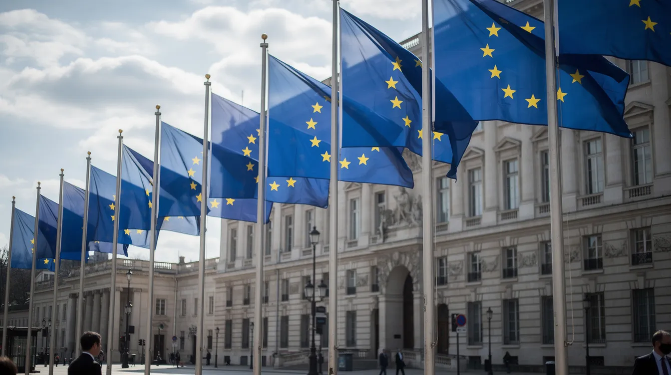 Auf dem Bild sind mehrere EU-Flaggen, die vor einem imposanten Regierungsgebäude in einer europäischen Hauptstadt wehen. Diese Szene symbolisiert die Zusammenarbeit innerhalb der EU, während im Hintergrund wichtige Themen wie die Besteuerung von Kryptowährungen und die Regelungen für Krypto-Anleger diskutiert werden.