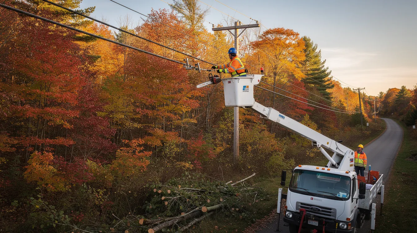 A forestry crew in hard hats operates a forestry bucket truck from an elevated position near power lines, surrounded by vibrant autumn foliage. The scene captures the teamwork involved in tree service, highlighting the use of specialized equipment like the international 4300 bucket truck.