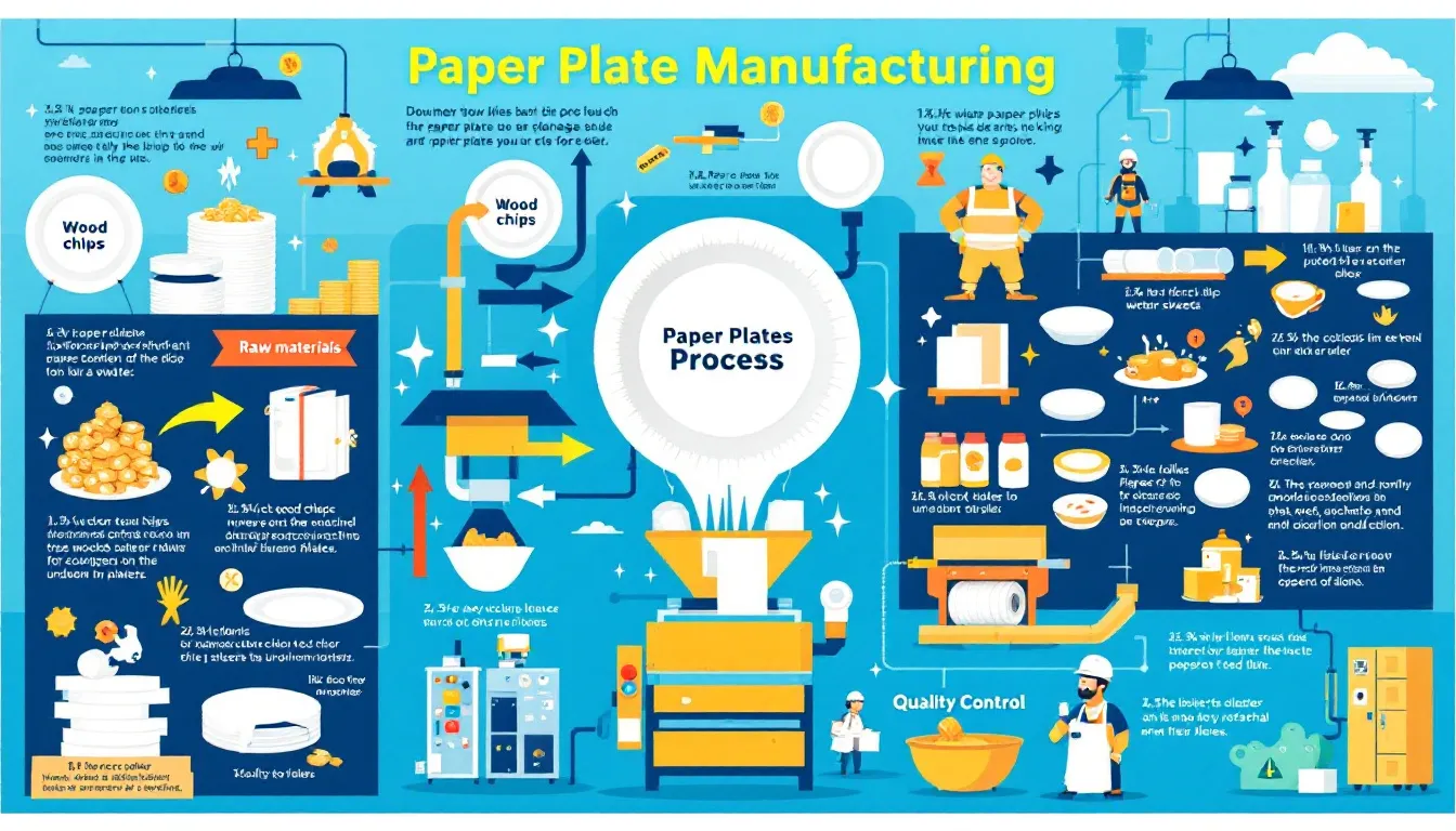 A visual representation of a paper plate making business showing various paper plates and equipment used in manufacturing.