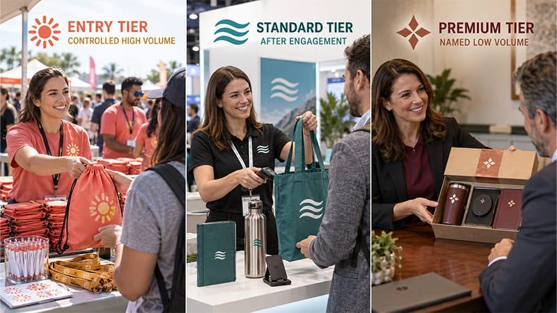 Entry, standard, and premium promotional product tiers shown through different campaign distribution methods