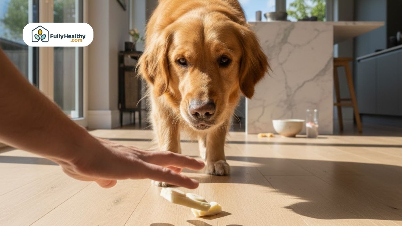 Golden Retriever looking at white chocolate as hand reaches toward it