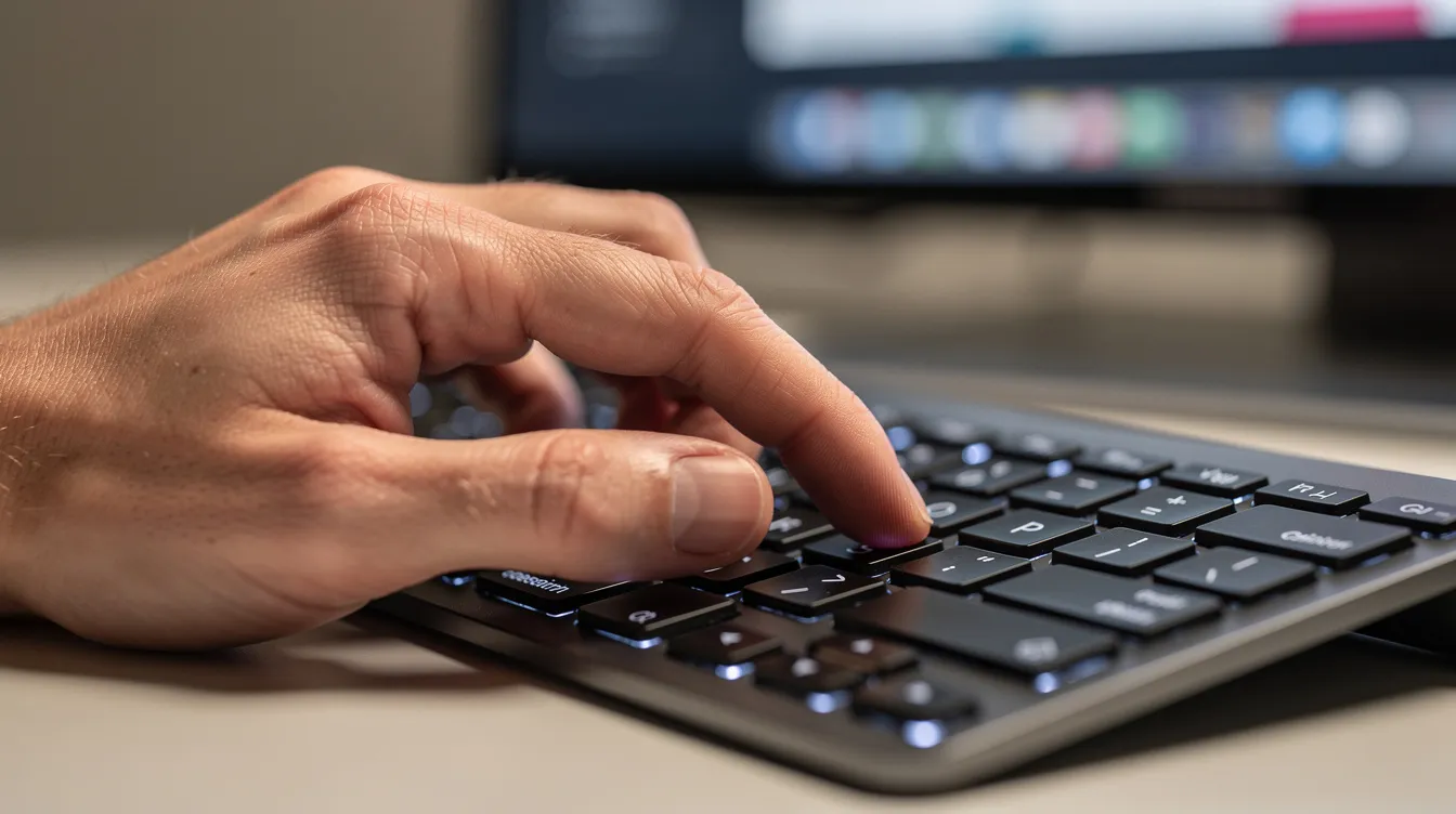 Die Nahaufnahme zeigt eine Hand, die auf einer Tastatur tippt, während im Hintergrund ein unscharfer Bildschirm zu sehen ist. Diese Szene könnte mit dem Zugang zum entega Kundenportal in Verbindung stehen, wo Nutzer Informationen zu Rechnungen und Dienstleistungen wie Ökostrom und Gas abrufen können.
