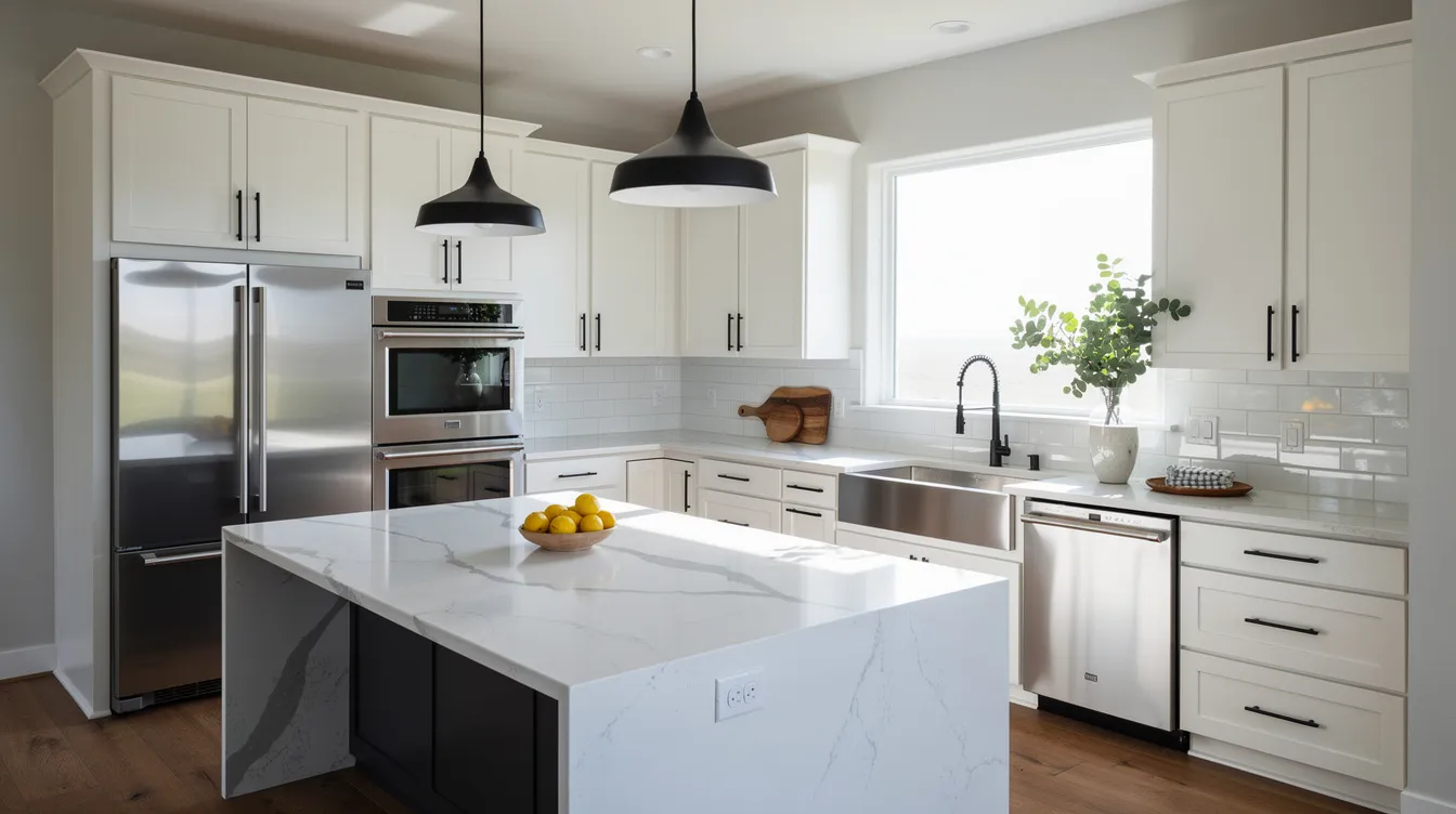 The image features a recently renovated modern kitchen, showcasing sleek new countertops and state-of-the-art appliances, ideal for those considering home improvements funded by a home equity loan. This inviting space highlights the potential for enhancing a home's equity while enjoying a stylish and functional environment.