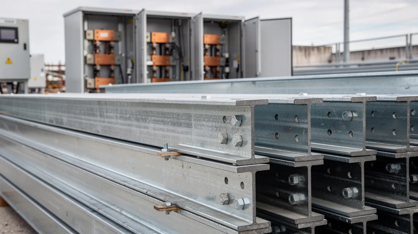 A close-up view showcases stacked steel beams alongside electrical switchgear components in a construction material staging area, highlighting the essential resources managed by construction project managers to ensure quality projects and mitigate potential risks in complex construction activities.